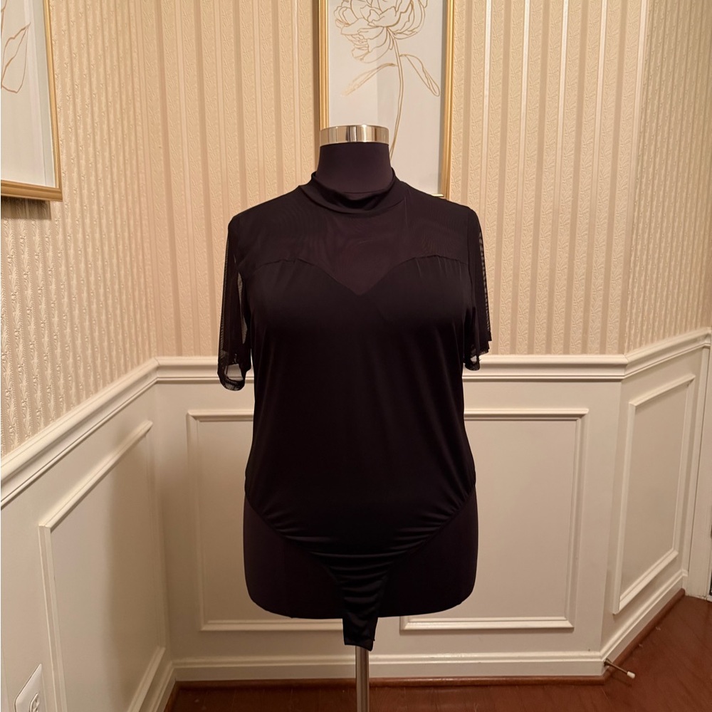 Ashley Stewart Black Mesh Sleeve Bodysuit